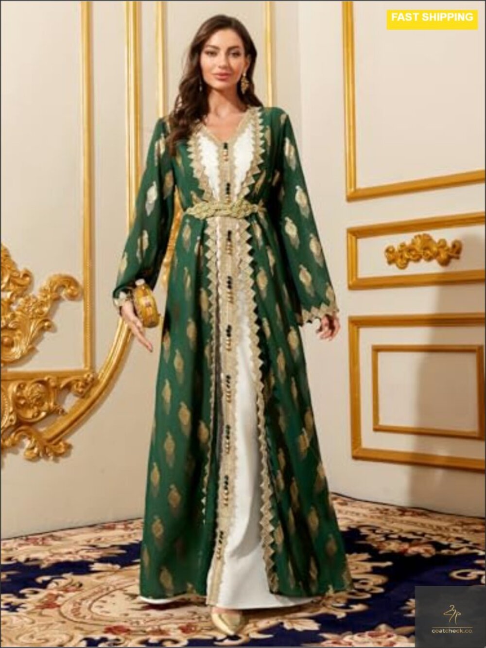 Embroidered Modest Maxi Dress Long Sleeve V-Neck Abaya Kaftan Formal Event - Picture 3 of 5